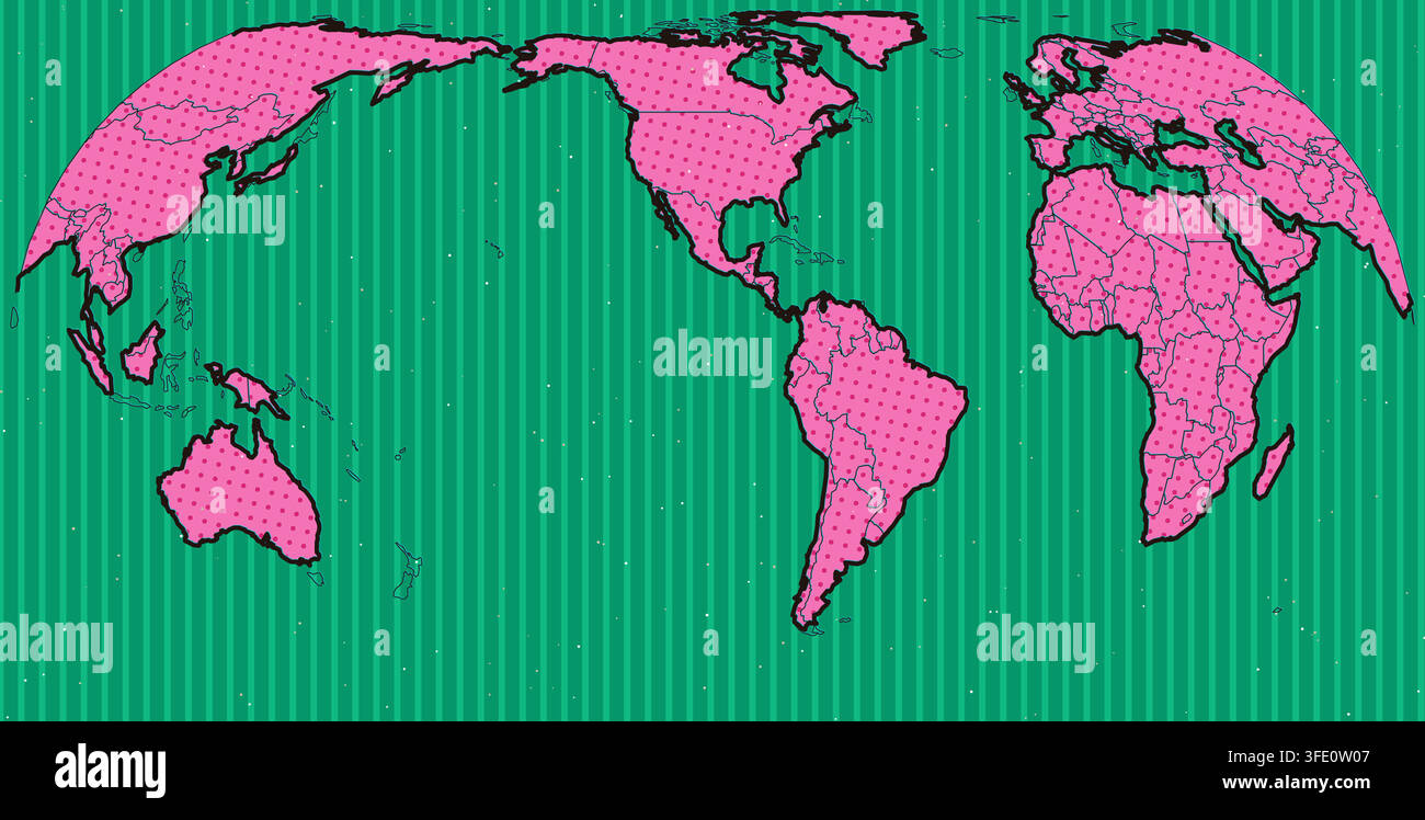 carte du monde abstraite émeraude magenta en pop art d'Amérique du Nord montrant une impression vintage en demi-teinte avec points Ben-Day et contours audacieux pour décoration imprimée Illustration de Vecteur