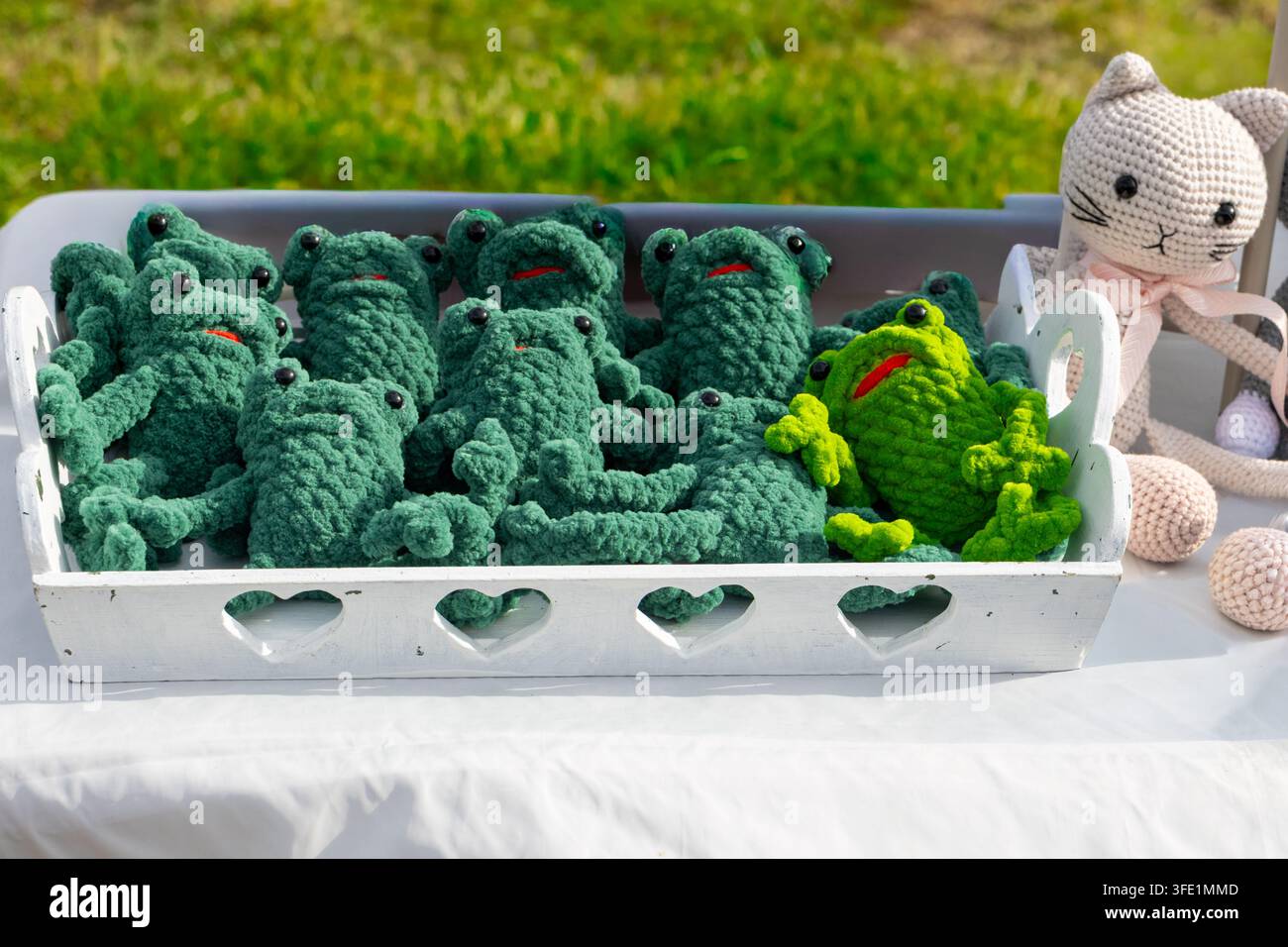 Collection de jouets en peluche tricotés à la main en forme de grenouille disposés dans un plateau en bois blanc décoratif sur un marché artisanal en plein air. Sélection artisanale comprenant gr Banque D'Images