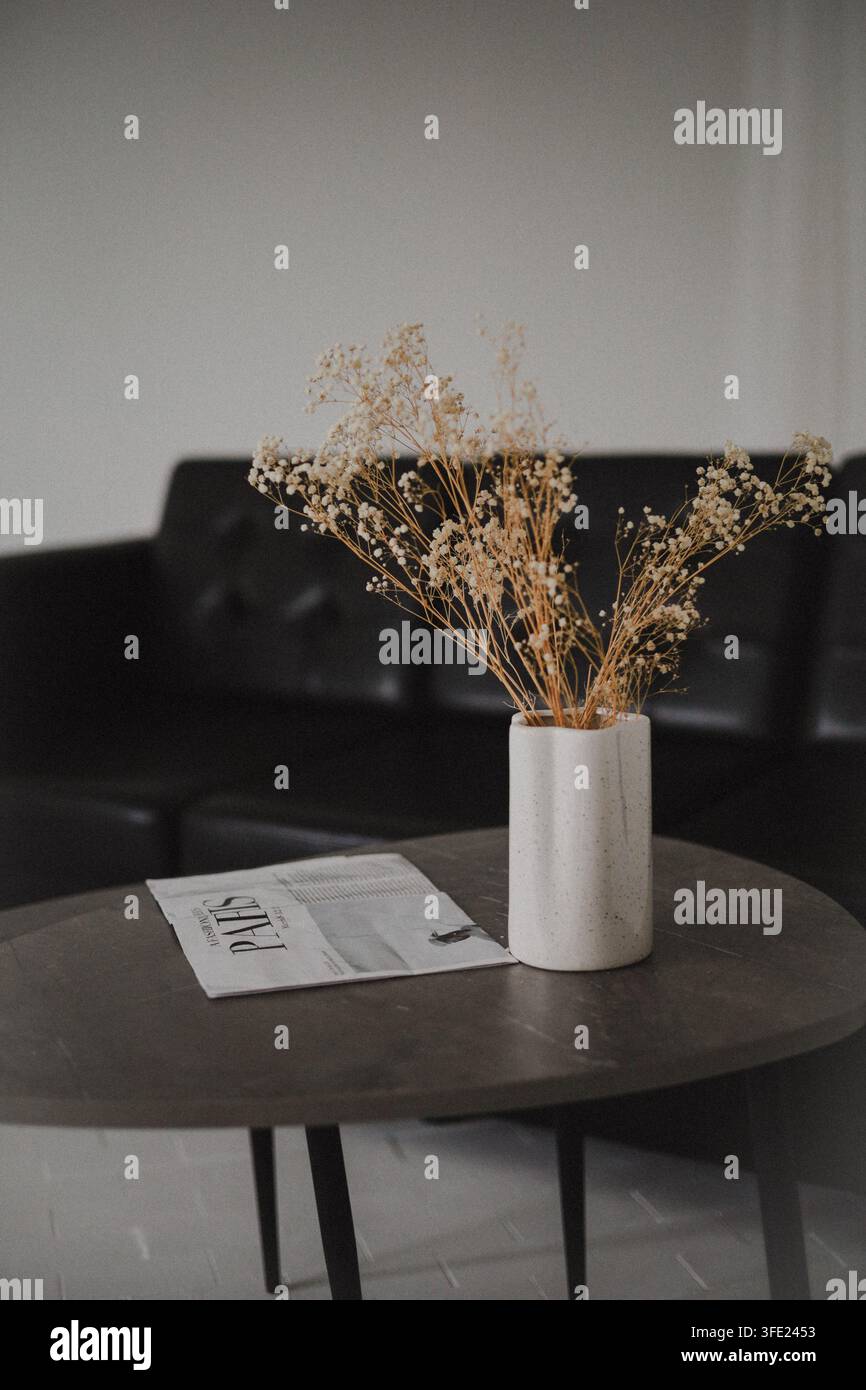 Intérieur de maison minimaliste avec des fleurs séchées dans un vase en céramique sur une table basse en bois Banque D'Images