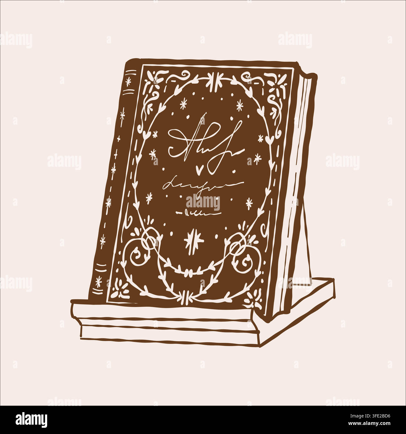 Un livre avec une belle couverture décorée de motifs. Un livre classique sur un support. Illustration vectorielle en trait marron. Illustration de Vecteur