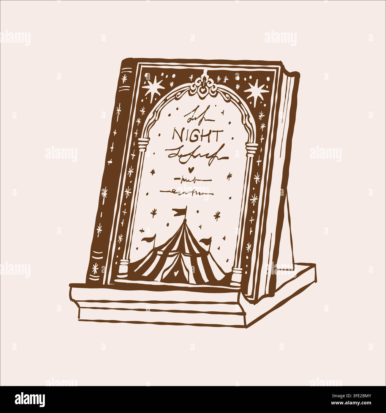 Un livre avec une belle couverture décorée de motifs. Un livre classique sur un support. Illustration vectorielle en trait marron. Illustration de Vecteur