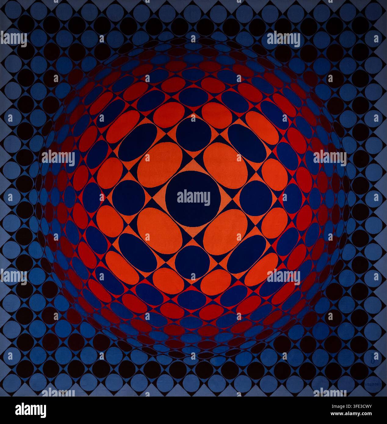 Œuvre d'art op abstrait de Victor Vasarely de la série iconique Vega, présentant une illusion optique géométrique d'une forme sphérique créée par répétition Banque D'Images