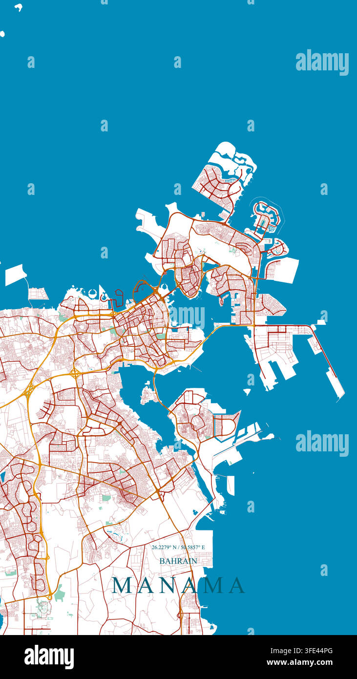 Carte vectorielle côtière bleue vibrante de Manama, Bahreïn, mettant en évidence les côtes du golfe Persique, l'île de Muharraq, le réseau routier et les coordonnées géographiques. Illustration de Vecteur