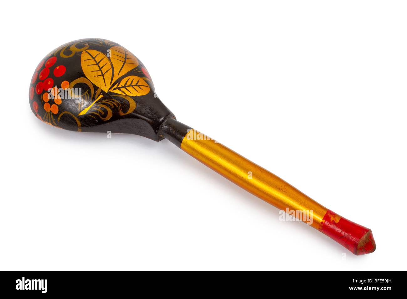 Cuillère en bois traditionnelle peinte de fleurs. Objet d'art populaire russe. Ustensile de cuisine décoratif pour cuisiner ou servir des aliments. Banque D'Images