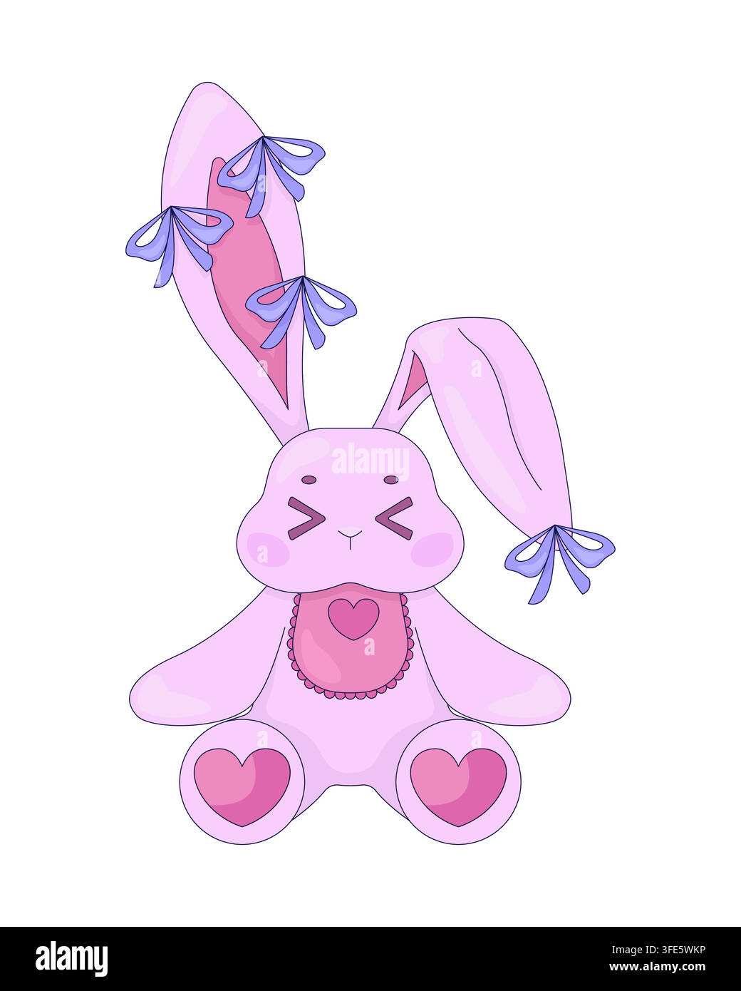 Jouet en peluche lapin rose mignon avec décorations en forme de cœur et de nœud, clipart dessin animé 2D Illustration de Vecteur