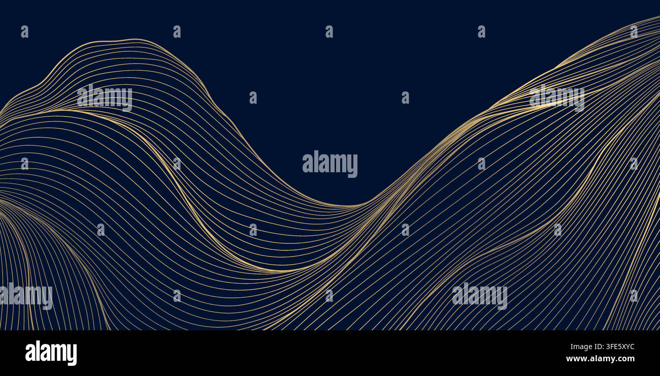 Motif de paysage abstrait de luxe avec des lignes dorées fluides, des vagues, des dunes, des montagnes, style japonais. Collines de sable, illustration premium. Papier peint Illustration de Vecteur