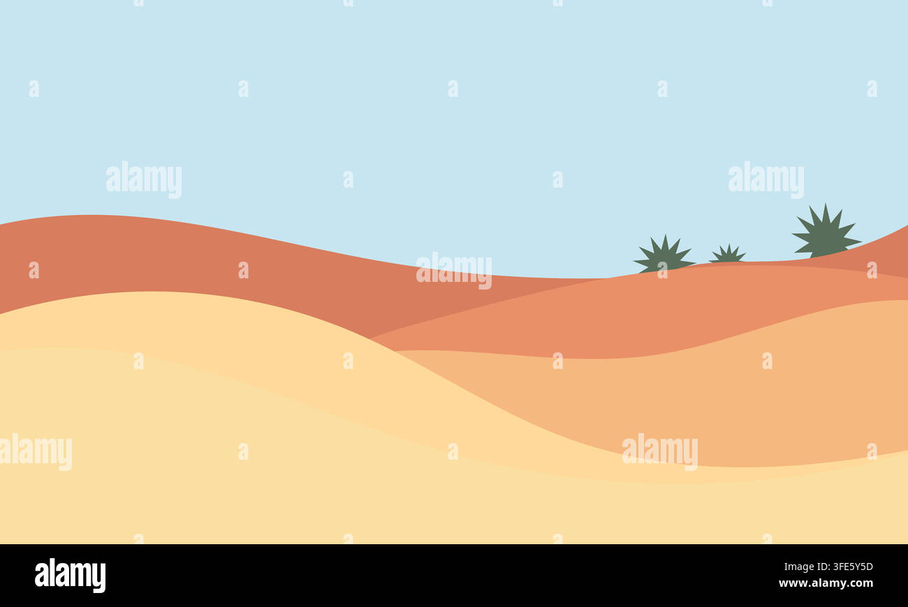 Illustration vectorielle plate d'un paysage désertique minimaliste avec des dunes de sable, un ciel bleu clair et des plantes désertiques Illustration de Vecteur