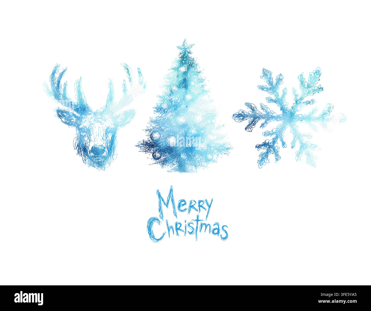 Cerf bleu aquarellé, flocon de neige et sapin de Noël sur fond blanc. Dessiné à la main. Pas d'IA, illustration vectorielle. Illustration de Vecteur