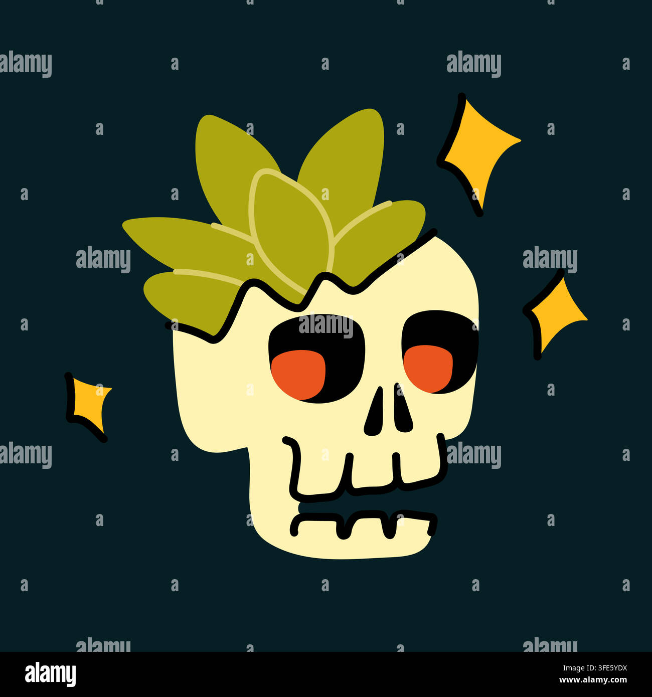Crâne humain d'Halloween effrayant avec une main de plante dessinée en vecteur pour le design d'autocollant Illustration de Vecteur