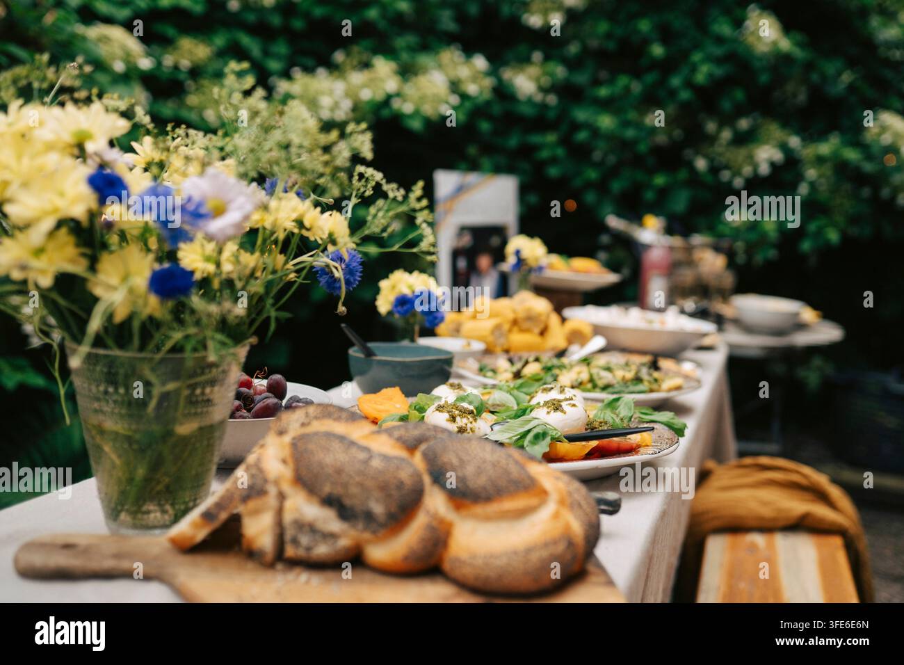 Variété d'aliments sains et de plats frais disposés sur la table à manger dans l'arrière-cour Banque D'Images