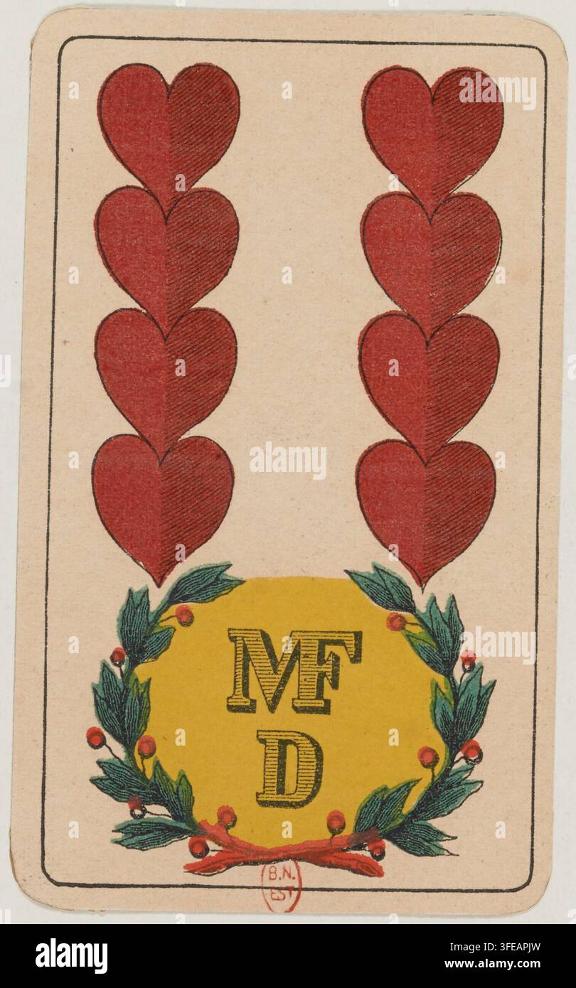 Une gravure imprimée de la fin du XIXe siècle ou du début du XXe siècle représentant une carte rectangulaire ornée de cœurs rouges, un ovale jaune avec les lettres « MF » et « D », et une couronne verte avec des baies rouges, entourée d'une bordure. Banque D'Images