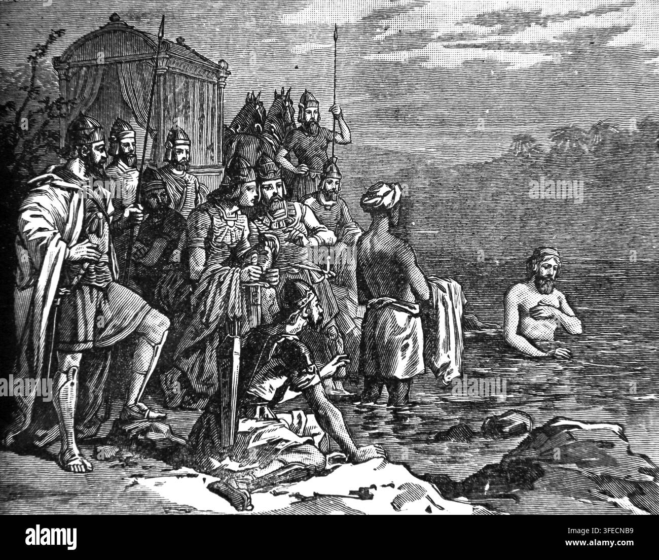 Illustration du Naaman se baignant dans le Jourdain après que le prophète Élisée lui ait ordonné de le faire pour le guérir de sa lèpre (Rois) d'Antique 1 Banque D'Images