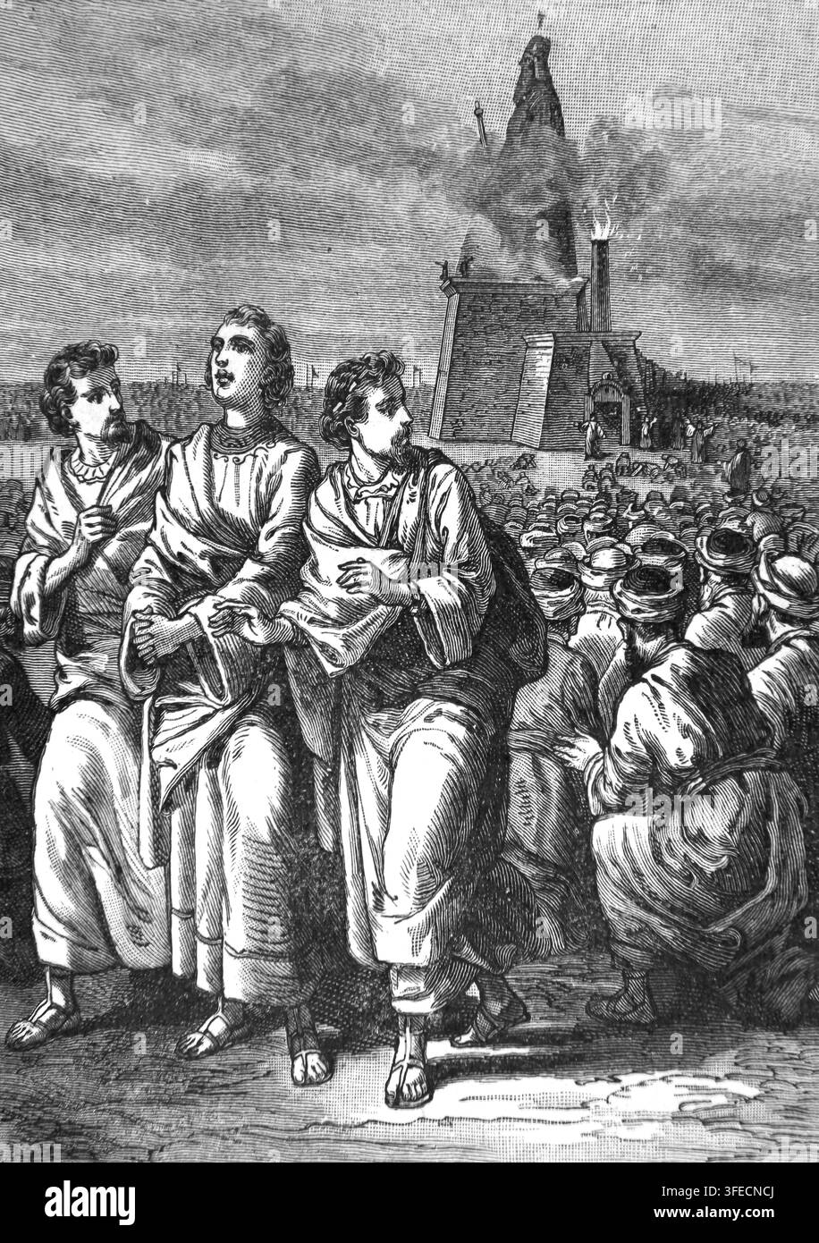Illustration d’Hananiah (Sadar), Mishael (Mishak) et Azariah (Abed-Négô) refusant d’adorer la statue d’or que le roi Nabuchodonosor a ordonné de construire Banque D'Images
