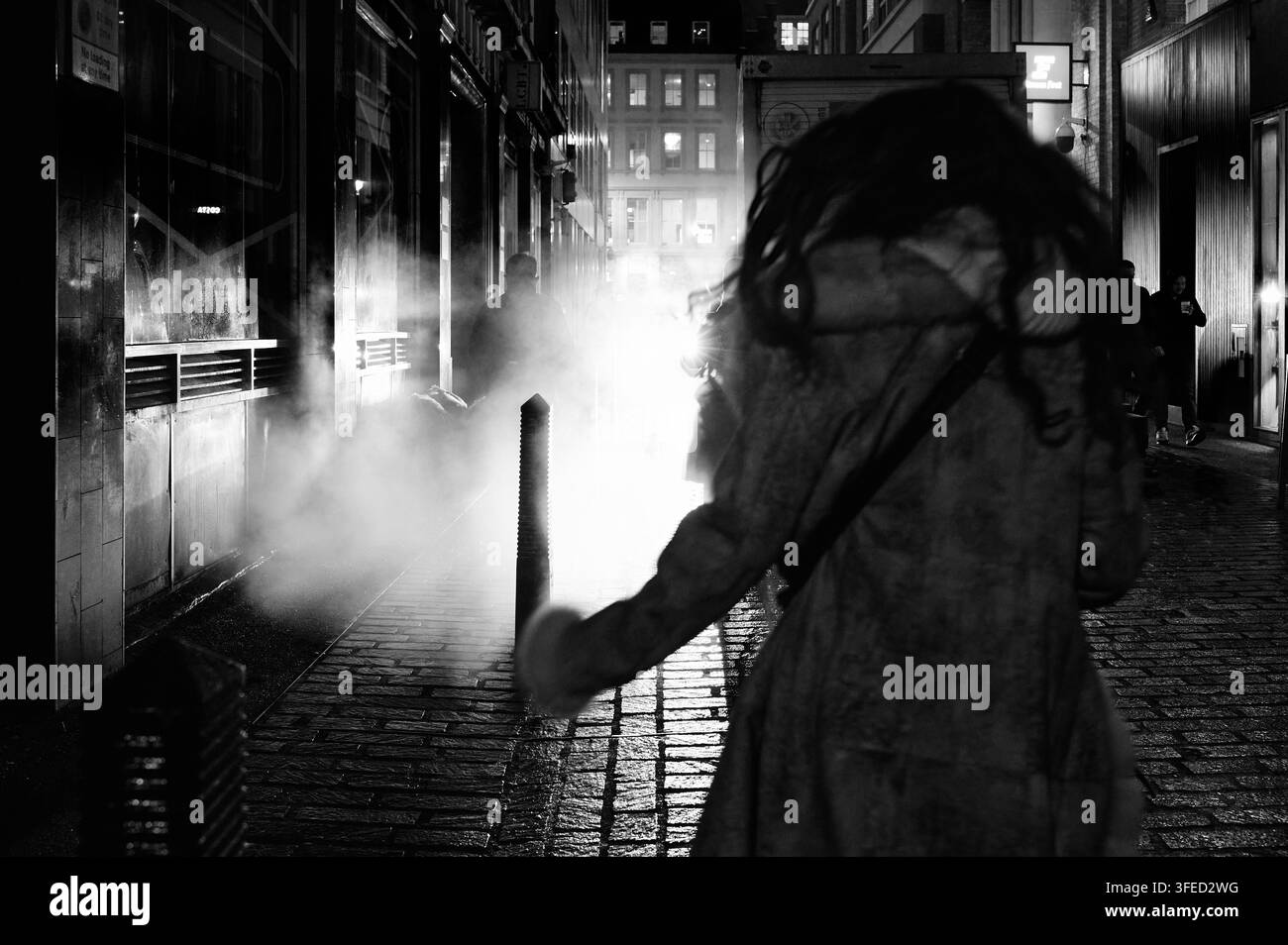 Image en noir et blanc d'une femme portant un manteau en fourrure dans la rue la nuit avec du nettoyage à la vapeur en arrière-plan Banque D'Images