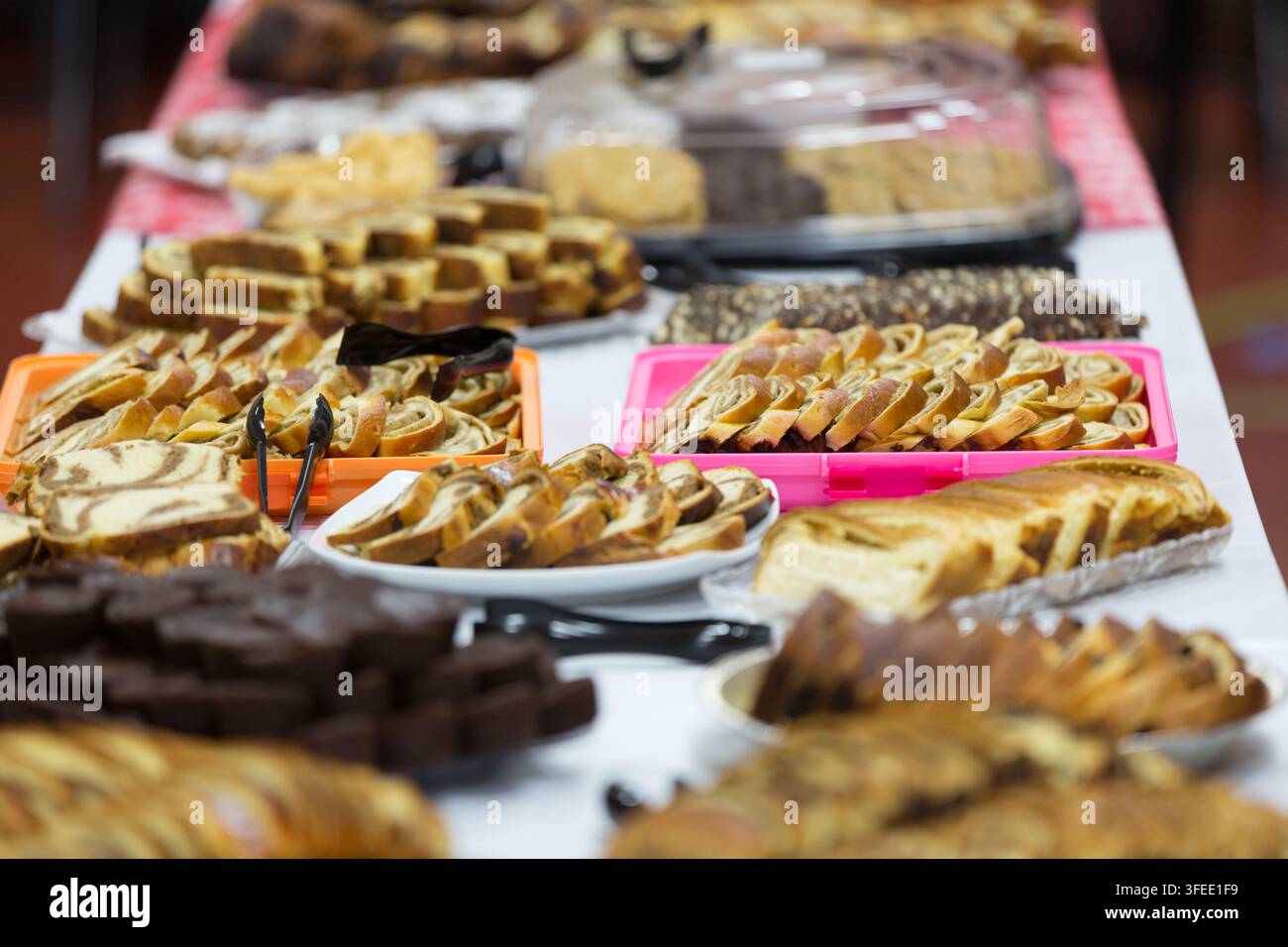 Une longue table remplie d'une variété colorée de pâtisseries tranchées, de roulés aux noix, de pâtisseries et de brownies au chocolat lors d'une vente de pâtisseries ou d'une exposition d'événements. Banque D'Images