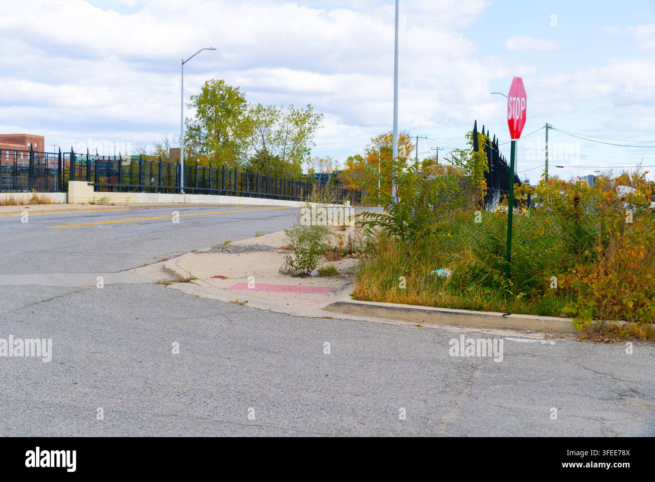 Mansur Street (à gauche) et Piquette Avenue (à droite) dans le quartier largement abandonné de Milwaukee Junction à Detroit, Michigan, États-Unis. Banque D'Images