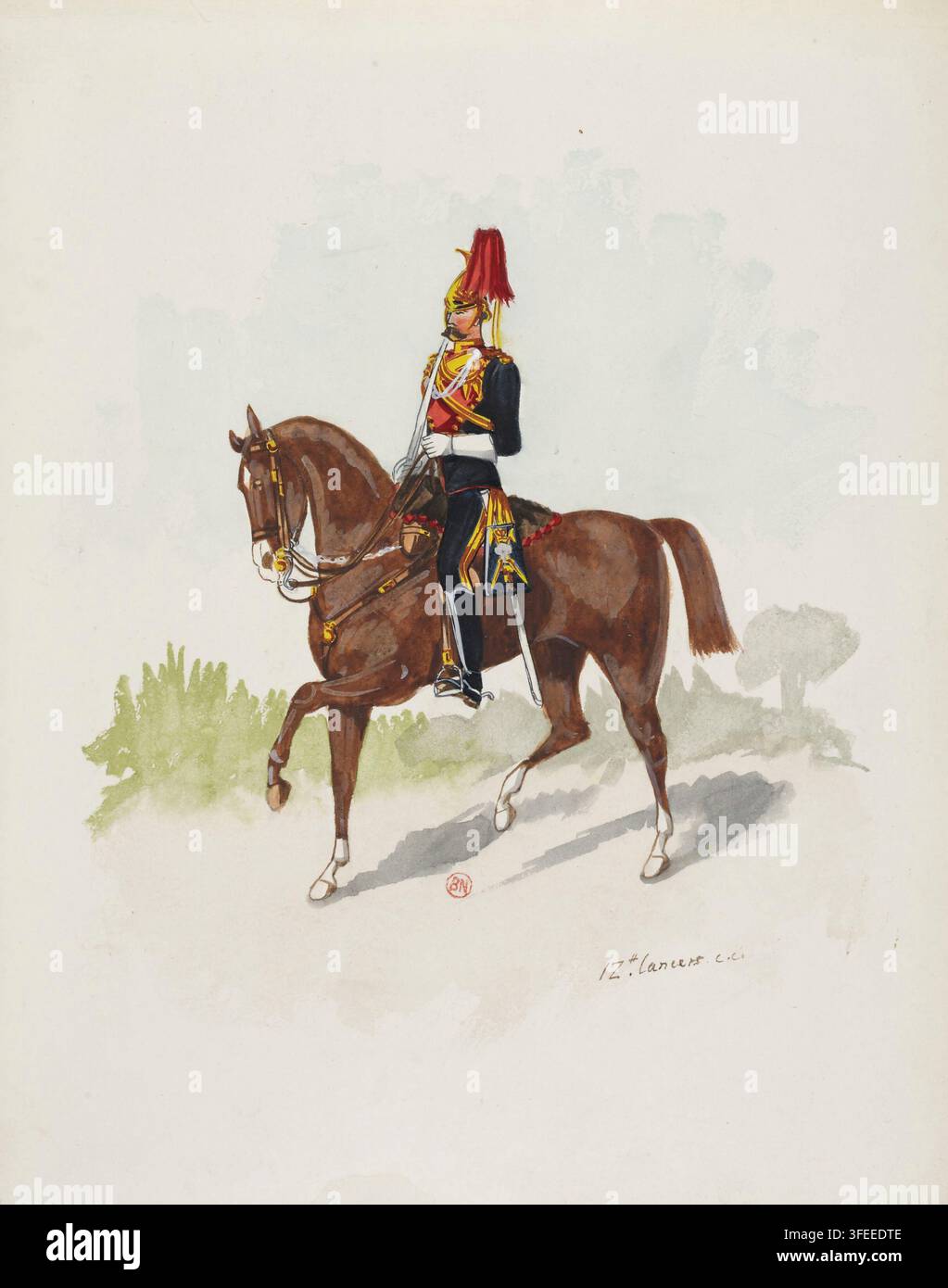 Un dessin d'un homme en uniforme montant un cheval, représentant les 12e lanciers, un régiment de l'armée britannique, à la fin du XIXe siècle, spécifiquement entre 1886 et 1891. Banque D'Images