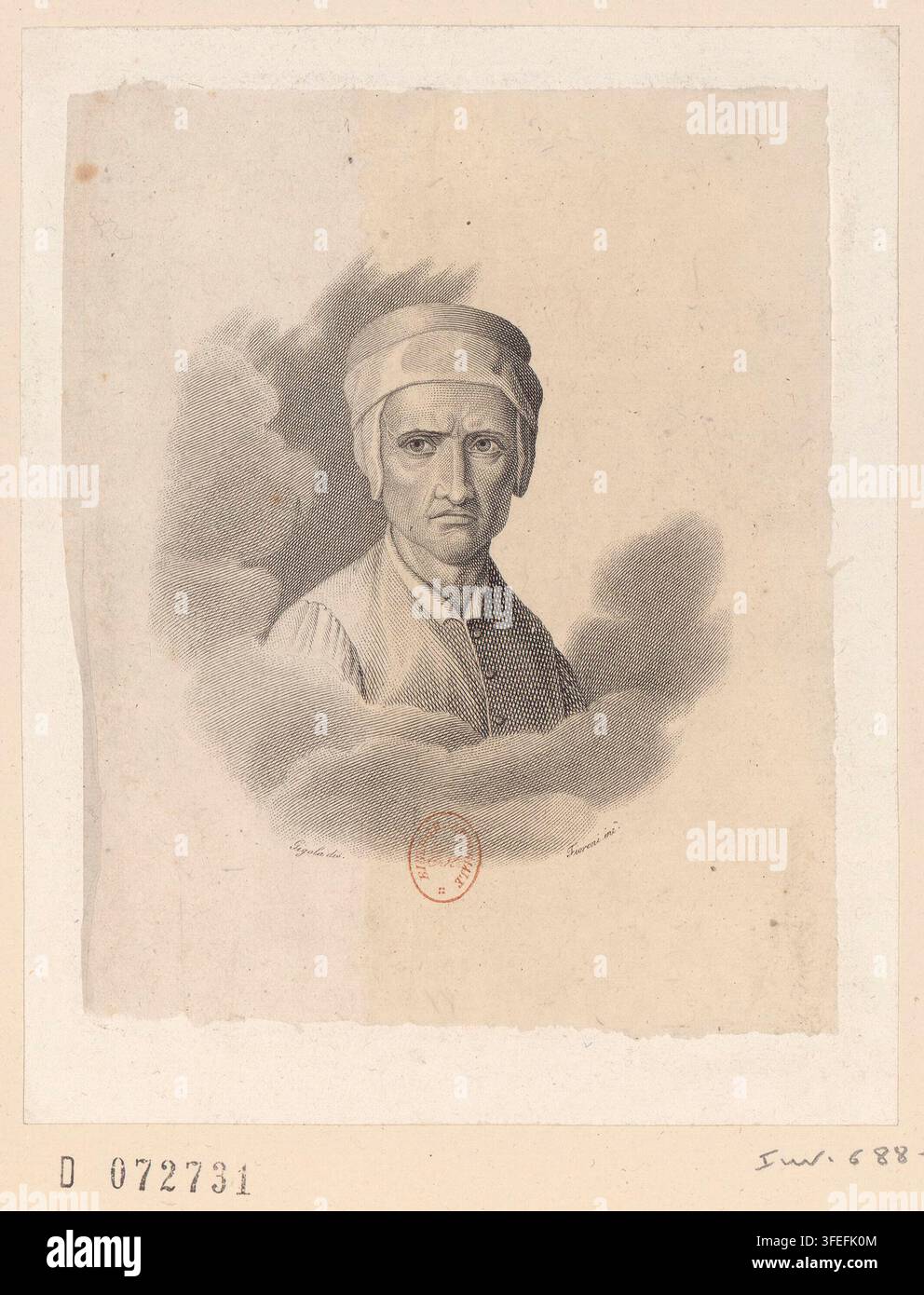 Un dessin d'un portrait en buste de Dante Alighieri, le poète italien et auteur de la Divine Comédie, portant une casquette douce et un vêtement à col, sur un fond uni avec des formes nuageuses ombrées. Banque D'Images