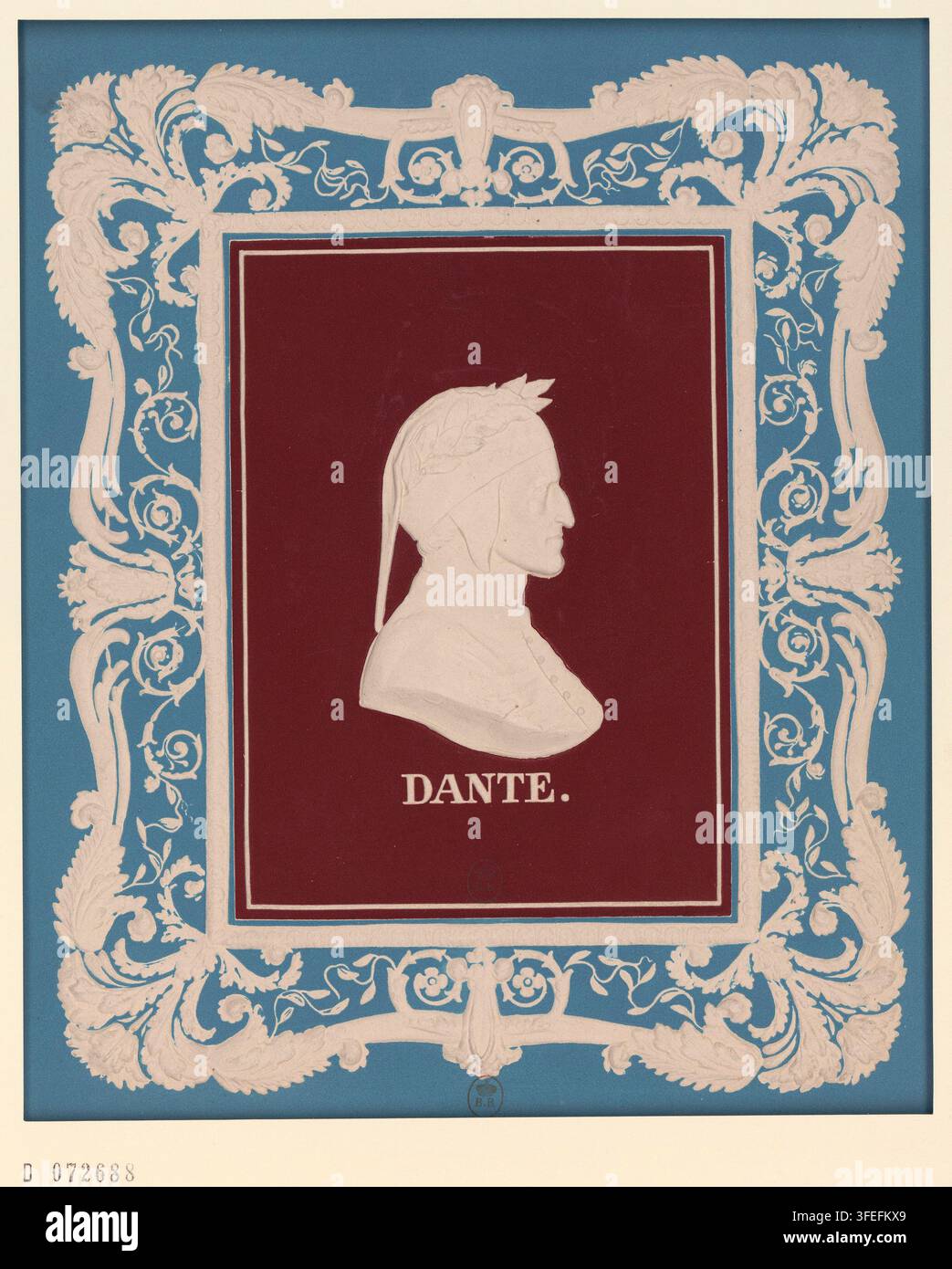 Un portrait de Dante Alighieri, le poète italien et auteur de la Divine Comédie, en profil de silhouette blanc, placé dans un champ rectangulaire marron avec son nom imprimé en dessous, encadré d'une bordure décorative blanche sur un fond bleu. Banque D'Images