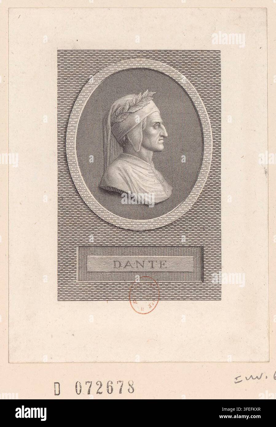 Portrait de Dante Alighieri, poète italien et auteur de la Divine Comédie, en buste de profil, portant un vêtement drapé et une coiffe, d'après une gravure du XIIIe-XIVe siècle Banque D'Images