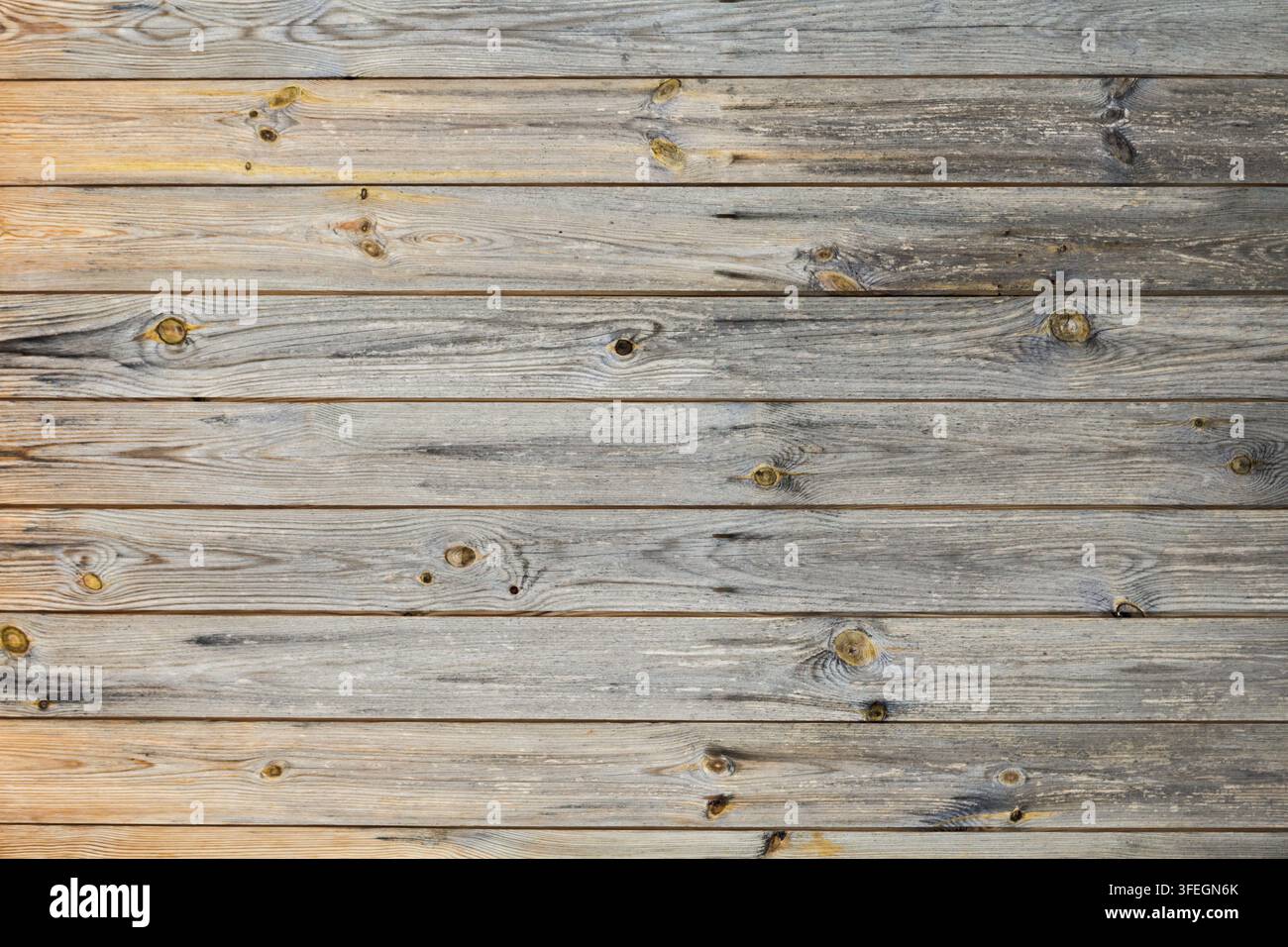 Planches de bois horizontales patinées avec une veine naturelle, des nœuds et une texture de surface grise vieillie Banque D'Images