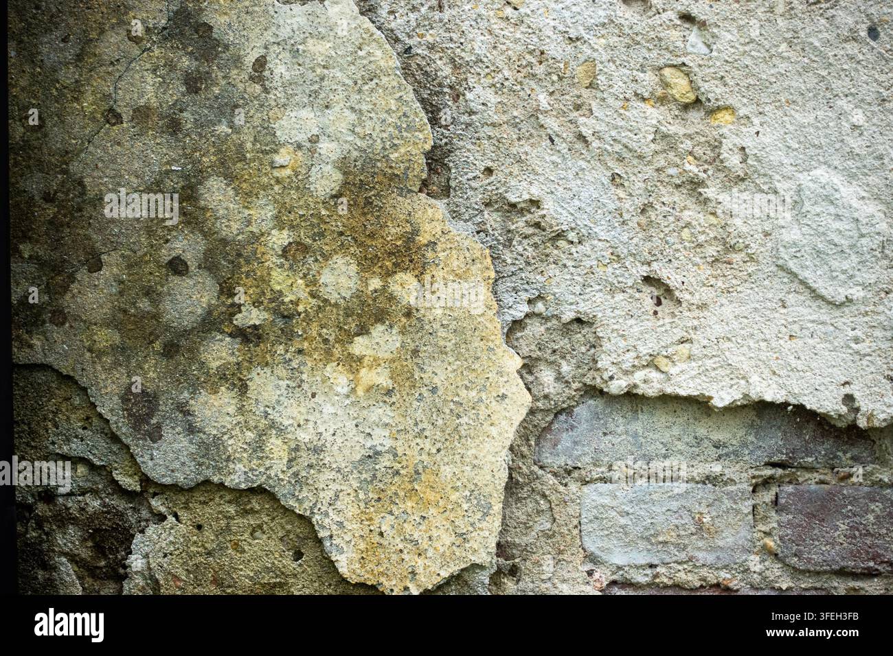 Le plâtre jaune qui s'écaille révèle un ciment gris rugueux en dessous, créant une texture de mur vieillie et abîmée avec des fissures, des taches et de la dégradation Banque D'Images