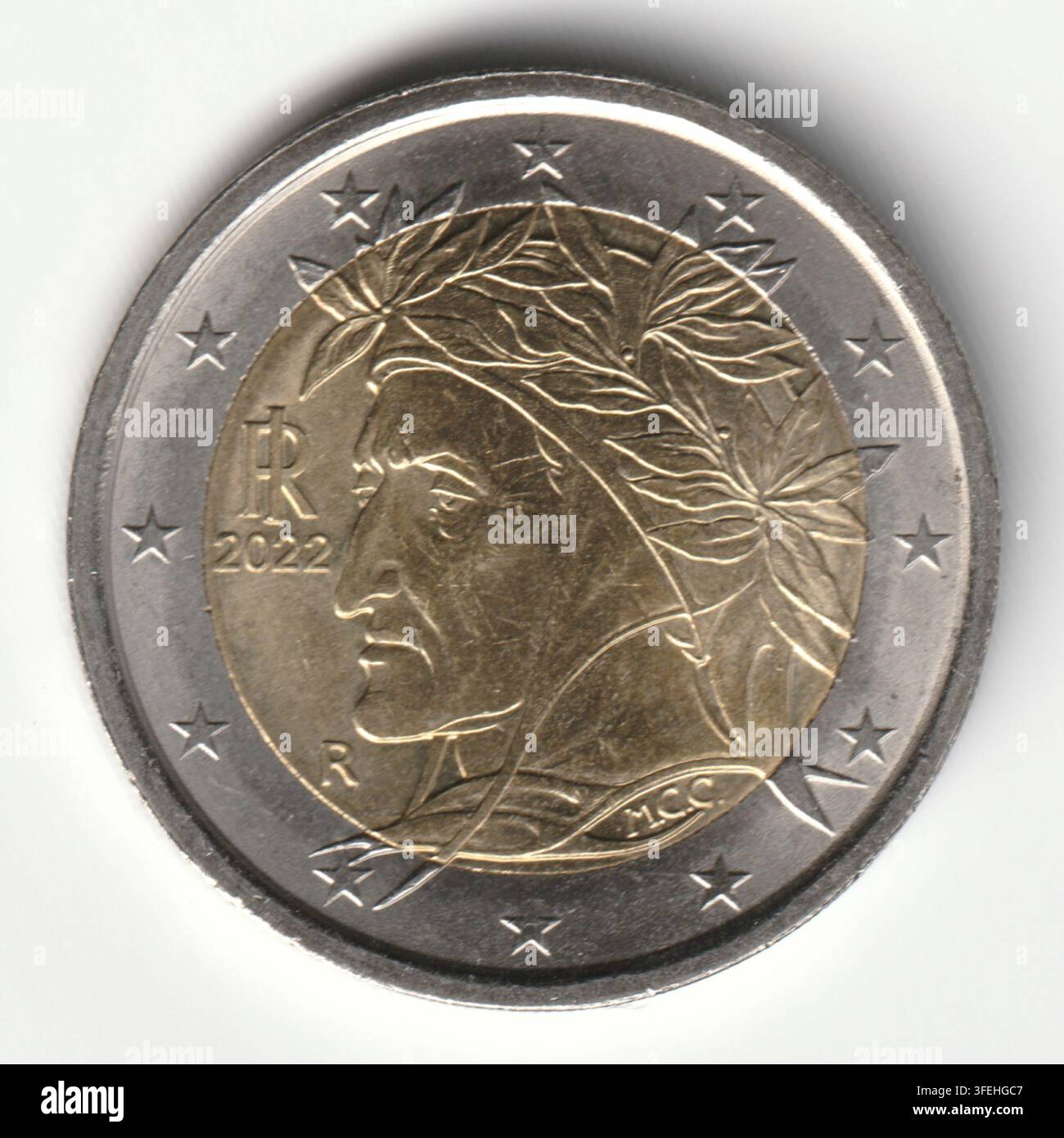 Pièce de circulation standard de 2 euros italienne de 2022 représentant le portrait de profil de Dante Alighieri avec une couronne de laurier peinte par Raphaël Banque D'Images