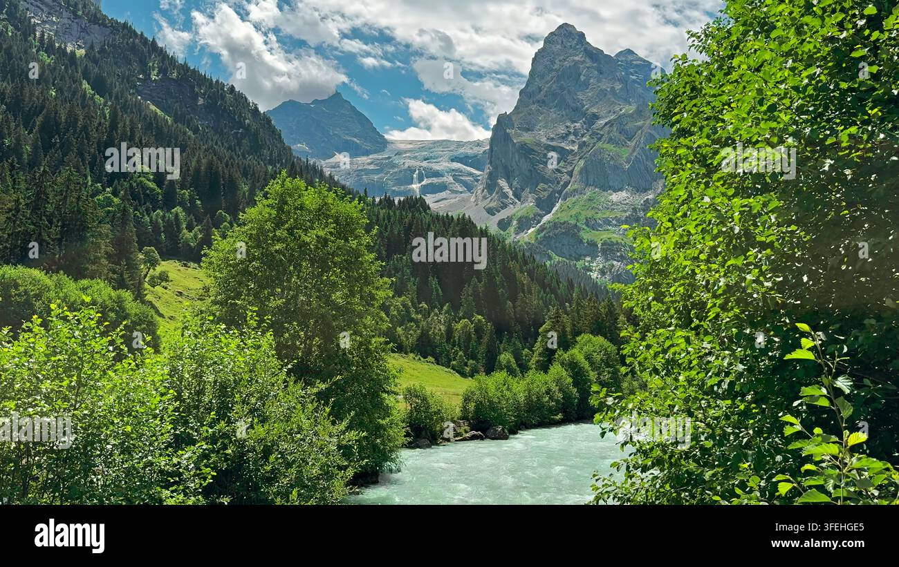 Rivière glaciaire sous les sommets alpins suisses escarpés. Rivière glaciaire turquoise laiteuse traversant une forêt alpine suisse luxuriante sous des sommets escarpés, glace de glacier Banque D'Images