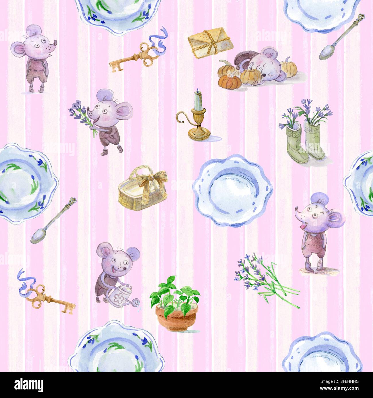 Motif sans joint en aquarelle de personnages de souris mignons sur un fond rayé rose. Éléments cottagecore dessinés à la main avec des assiettes vintage et des fleurs de lavande Banque D'Images