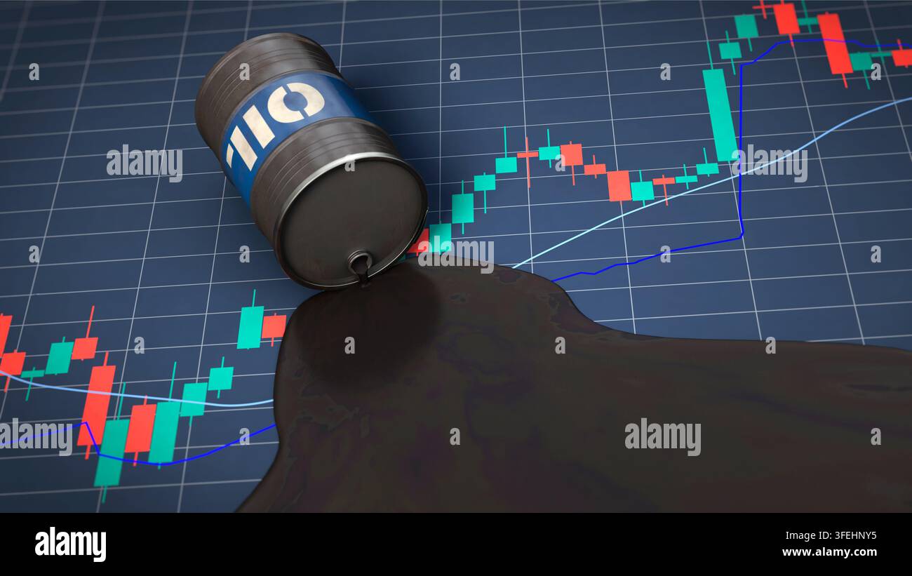 Baril de pétrole avec du pétrole brut qui fuit sur un graphique de marché boursier en hausse Banque D'Images