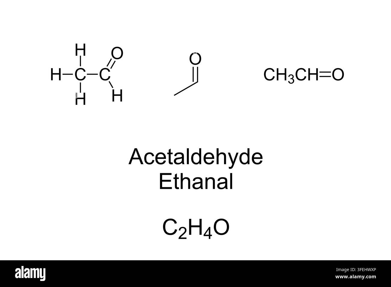 Acétaldéhyde, ou éthanal, formule chimique et structure moléculaire. Composé organique produit par les plantes, responsable de la gueule de bois après consommation d'alcool. Banque D'Images