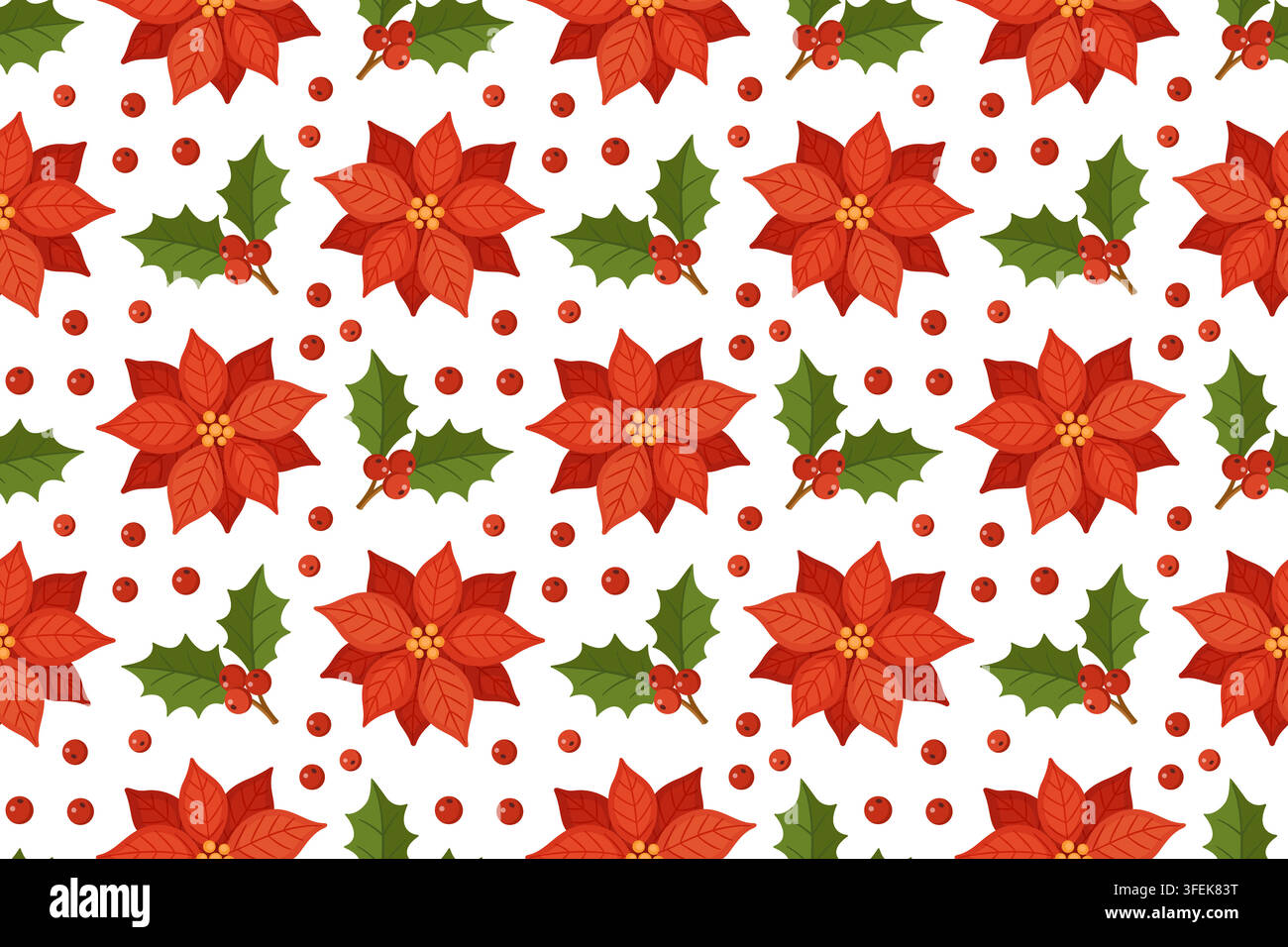 Illustration vectorielle d'un motif sans couture de Noël dessiné à la main charmant. Fleurs de poinsettia en style cartoon vives avec fond de baies de houx. Idéal pour le papier d'emballage, les textiles et les papiers peints de vacances d'hiver. Illustration de Vecteur