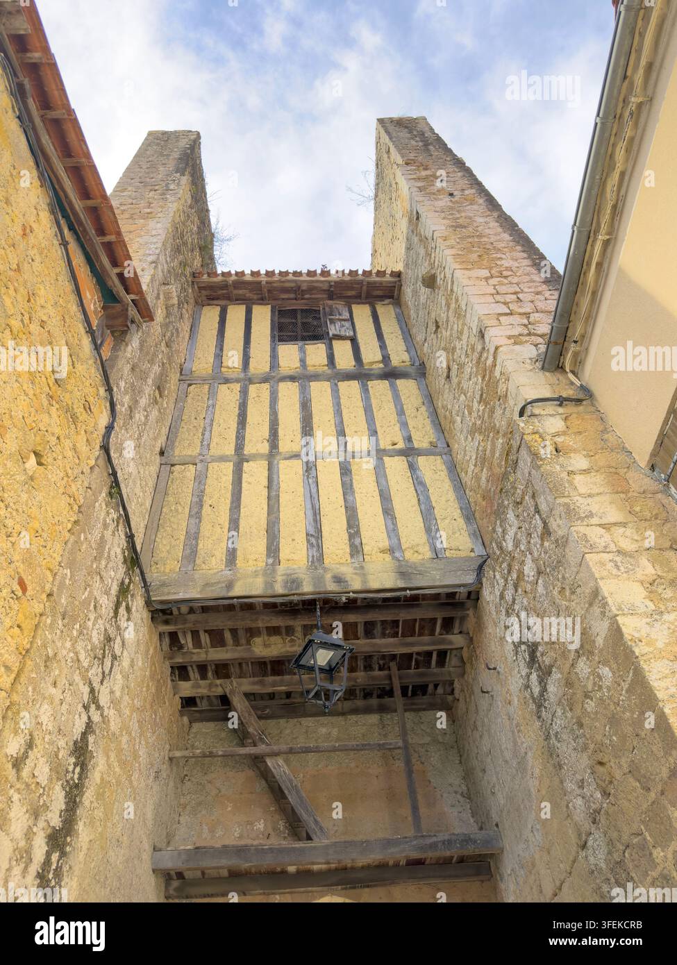 Vue regardant à travers une porte en pierre avec un plafond en bois apparent, Gers, Tilliac, France Banque D'Images