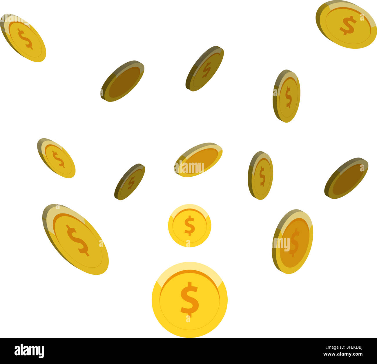 Illustration isométrique en 3D de pièces de dollar dorées brillantes tombantes dispersées isolées sur un fond blanc. Illustration de Vecteur