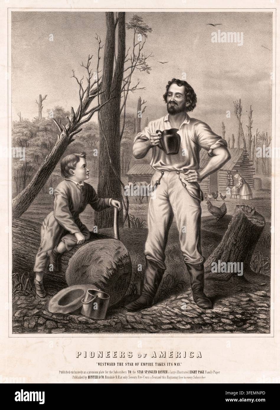 "Une lithographie historique du XIXe siècle intitulée "Pionniers d'Amérique, Vers l'ouest, l'étoile de l'empire trace son chemin," représentant un colons avec un garçon devant une cabane en rondins dans un paysage pionnier. Un pionnier barbu avec une cruche et un garçon sur des rondins sont représentés au premier plan, avec une cabane en rondins, des animaux et l'immense frontière américaine en arrière-plan. Il s'agit d'une reproduction authentique, restaurée numériquement, d'un original du XIXe siècle ; la date exacte de l'œuvre est inconnue." Banque D'Images