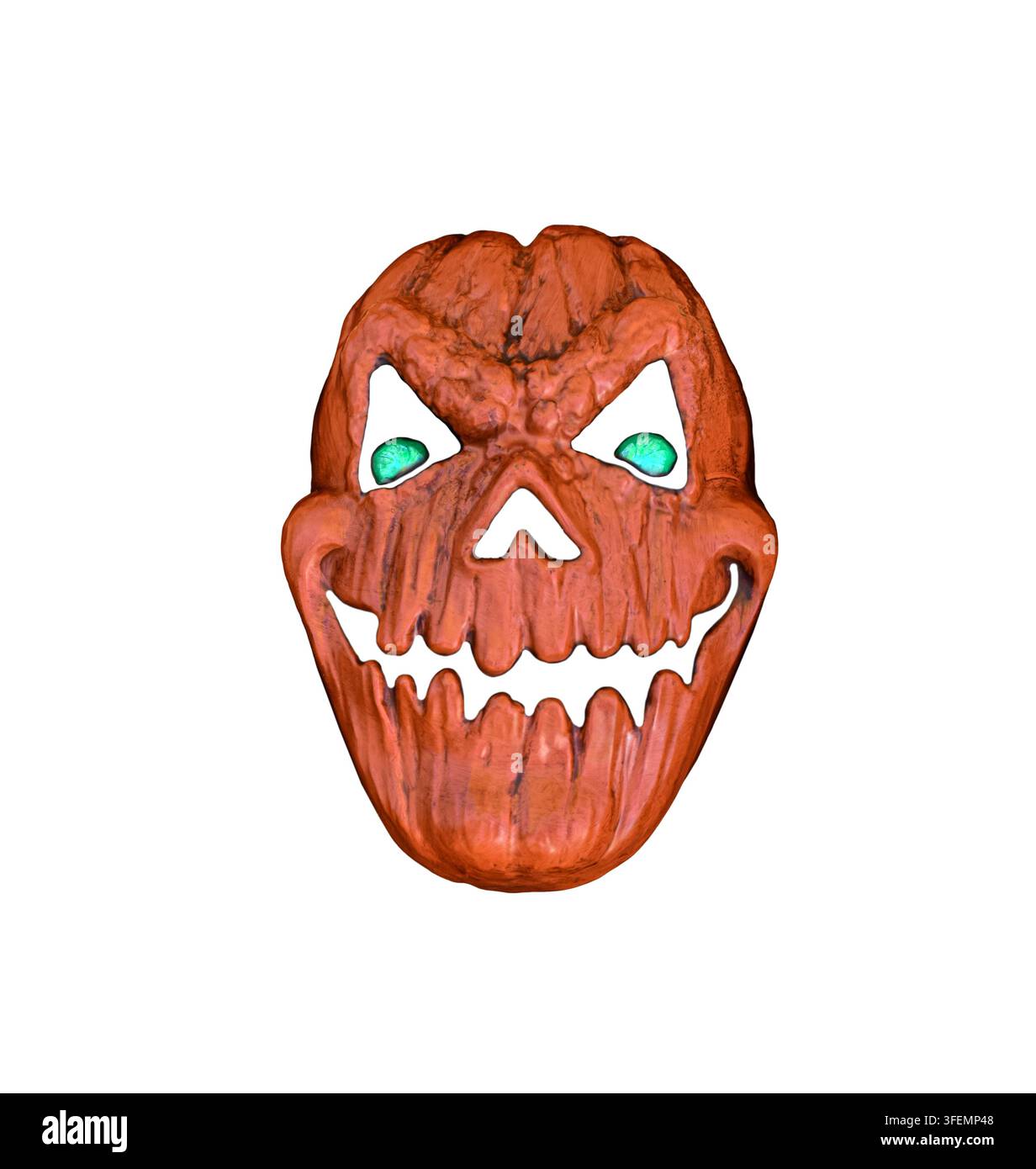 Masque d'Halloween orange terrifiant en forme de citrouille avec des yeux verts brillants, des dents irrégulières et une expression menaçante, isolé sur fond blanc Banque D'Images