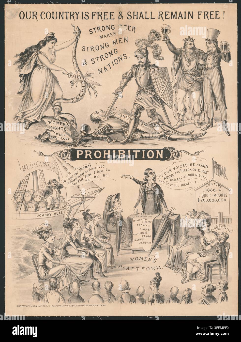 "Une affiche historique et satirique anti-prohibition de 1882 intitulée "Our Country is Free & Shall Remain Free!" Cette affiche de propagande aborde la lutte précoce contre la prohibition de l'alcool aux États-Unis. C'est une reproduction authentique et restaurée numériquement d'un original du XIXe siècle, dont la date exacte de l'affiche est inconnue." Banque D'Images