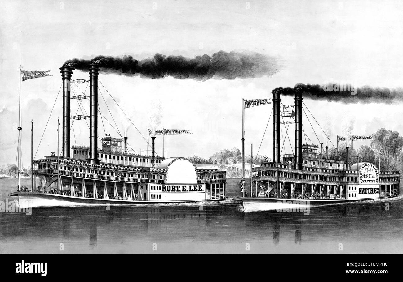 «Lithographie historique de Currier & Ives intitulée «The Great Race on the Mississippi», représentant la célèbre course de bateaux à vapeur de 1870 entre le Robt. E. Lee et le Natchez, histoire américaine, authentique, reproduction numériquement restaurée d'un original du XIXe siècle, date exacte de la représentation inconnue, historique» Banque D'Images