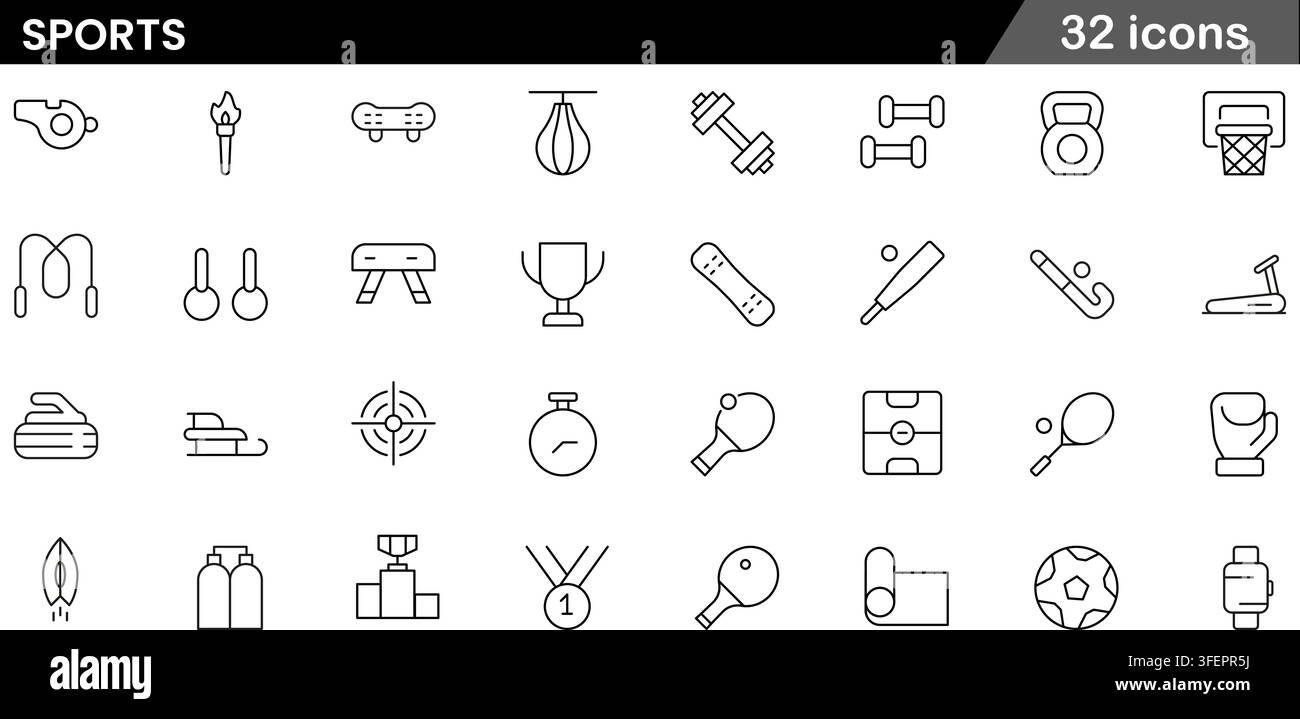 Ensemble d'illustrations vectorielles de 32 icônes de lignes sportives comprenant un sifflet, un haltère, un kettlebell, un panier de basket-ball, un trophée, une planche de surf et des équipements de fitness. Illustration de Vecteur