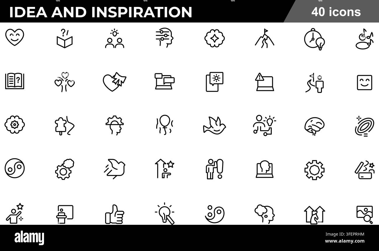 Ensemble d'illustrations vectorielles de 40 icônes en ligne d'idée et d'inspiration comprenant une ampoule, un cerveau, la pensée créative, une montagne objectif, le yin yang et un oiseau. Illustration de Vecteur