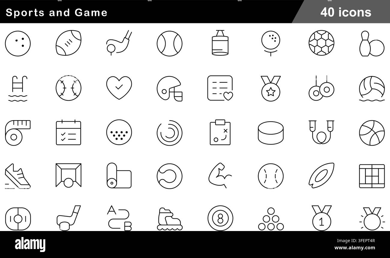 Ensemble d'illustrations vectorielles de 40 icônes de sports et de jeux comprenant le football, le basket-ball, un club de golf, une quille de bowling, une piscine, un casque et une médaille de vainqueur. Illustration de Vecteur