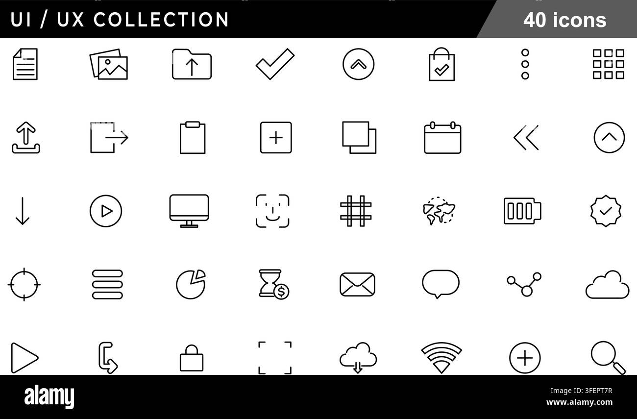 Ensemble d'illustrations vectorielles de 40 icônes de collection UI UX comprenant le téléchargement de dossier, le fichier, la coche, les contrôles multimédias, la batterie, le Wi-Fi et la navigation web. Illustration de Vecteur