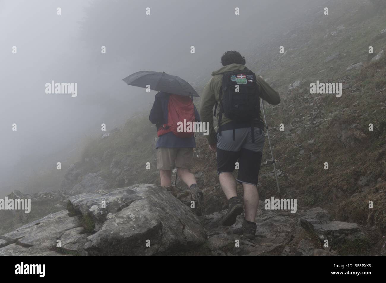 Des randonneurs ascendent un sentier de montagne couvert de brouillard sous la pluie, Gorbeia, Pays basque, Espagne Banque D'Images