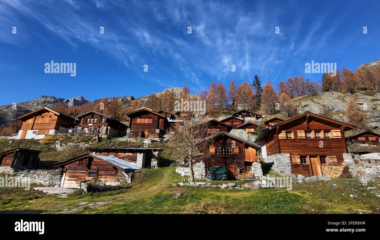 Chalets alpins suisses traditionnels sur Fafleralp en automne avec des mélèzes dorés et un ciel bleu profond, vallée de Lötschen, Suisse Banque D'Images