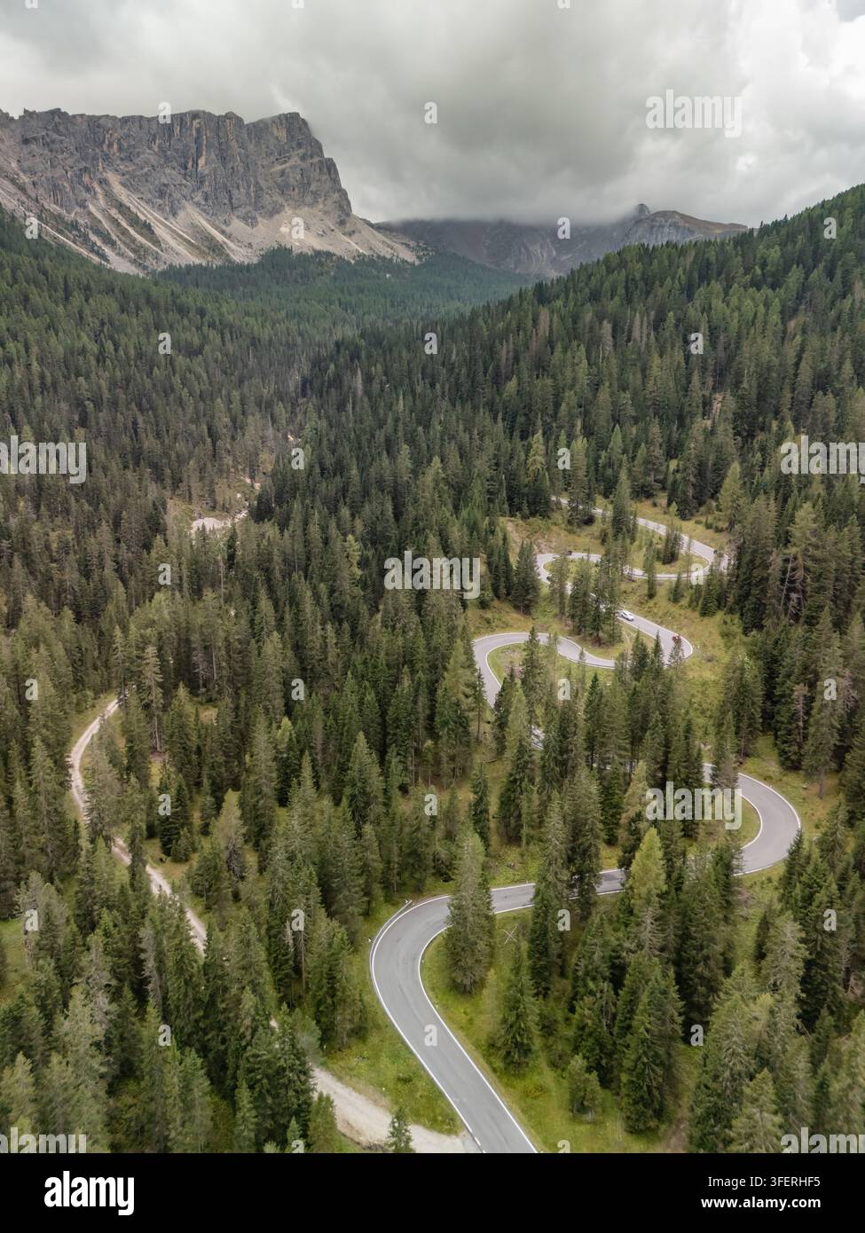 Vue aérienne de la route de montagne sinueuse et de la forêt de sapins à Passo di Giau, Dolomites Banque D'Images