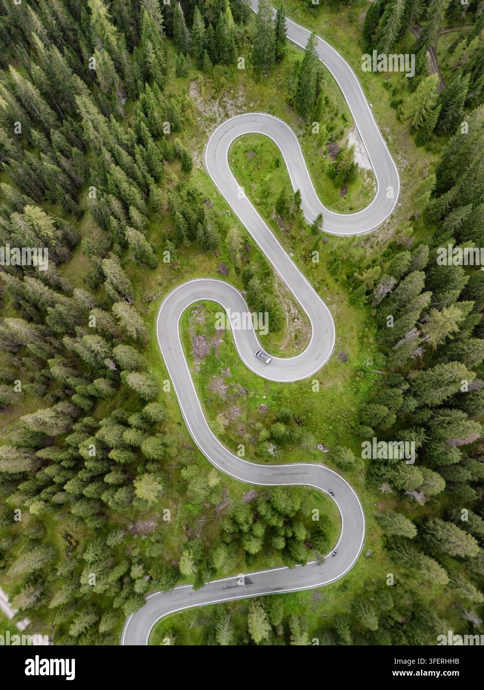 Vue aérienne de la route de montagne sinueuse et de la forêt de sapins à Passo di Giau, Dolomites Banque D'Images