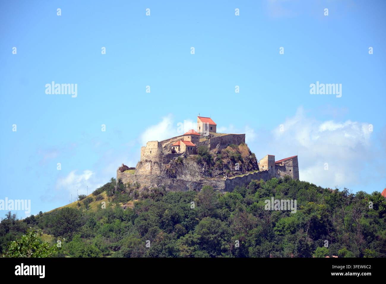 Forteresse médiévale de Rupea dressée au sommet d'une colline de basalte au-dessus d'arbres verts sous un ciel bleu nuageux, Rupea, Transylvanie, Roumanie. Banque D'Images