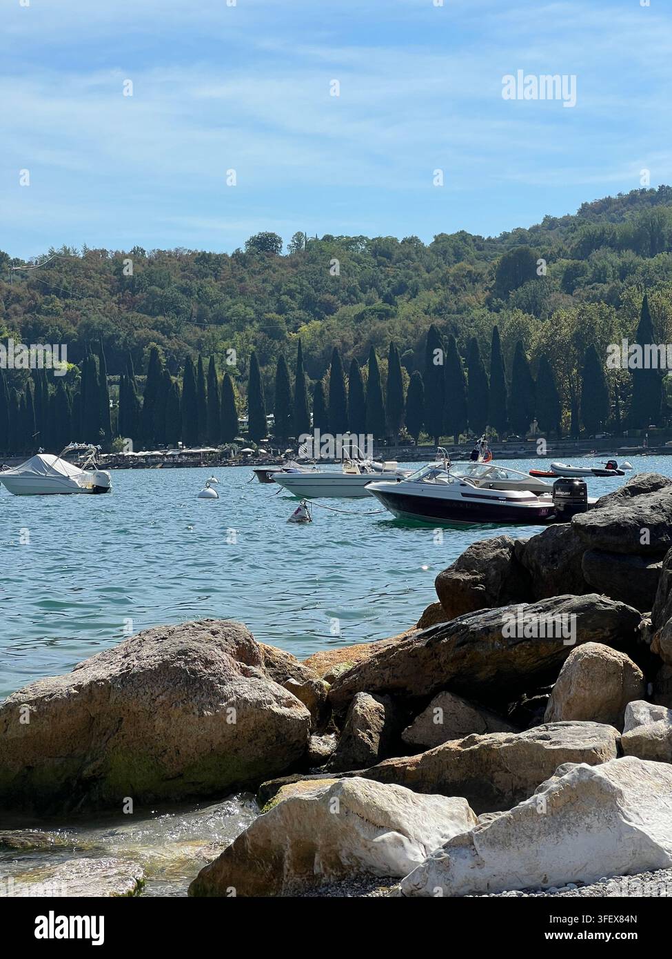 Vues magnifiques de Salò sur le lac de Garde, en Italie, mettant en scène le bord du lac, les bateaux, les plages, les maisons historiques, les cygnes et les paysages naturels pittoresques. Banque D'Images