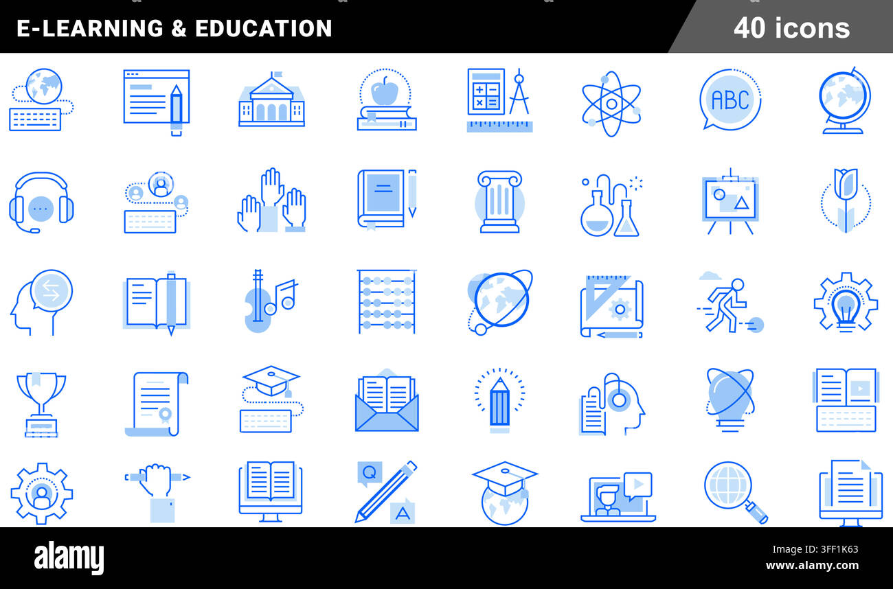 Ensemble d'icônes en ligne vectorielles pour l'e-learning et l'éducation comprenant quarante symboles de contour bleus pour l'étude académique, les cours en ligne et les connaissances scolaires. Illustration de Vecteur