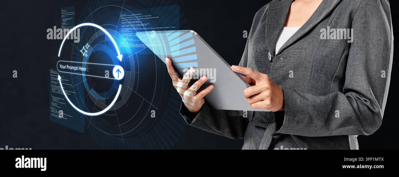 Professionnel d'affaires tenant une tablette avec une interface holographique bleue futuriste montrant un téléchargement de données et une synchronisation cloud. Intelligence artificielle générative d'affaires Banque D'Images